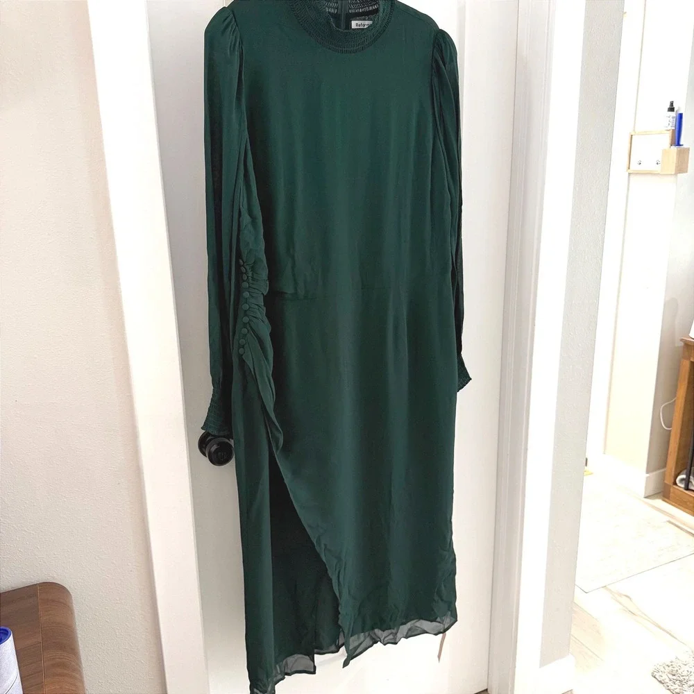 Reformation Aude High Neck Midi Dress Forest Green Sleeve Womens 18 NWT Classy - Picture 2 of 7